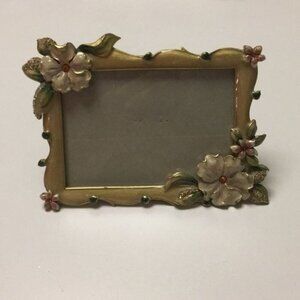 Vintage Gold Floral Picture Frame With Rhinestone Accents & Jeweled Flowers